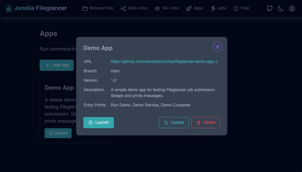 App info dialog showing the app's description, source repository URL, and a list of entry points. In the bottom left is the 'Launch' button to start a new job with this app, and in the bottom right are 'Update' and 'Delete' buttons, to update or remove the app, respectively.