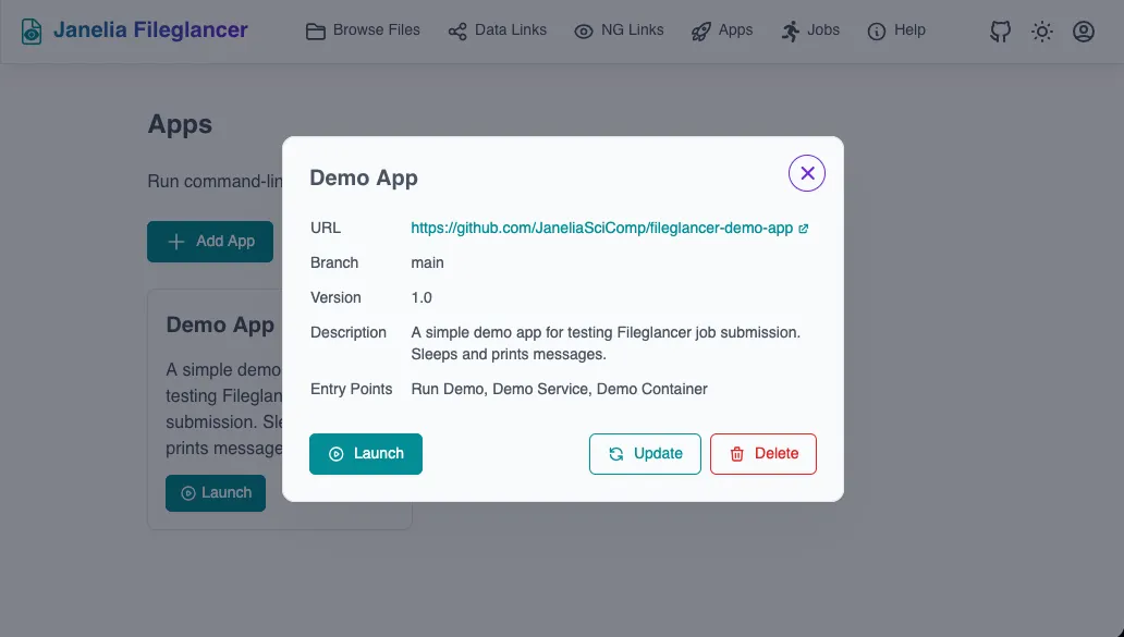 App info dialog showing the app's description, source repository URL, and a list of entry points. In the bottom left is the 'Launch' button to start a new job with this app, and in the bottom right are 'Update' and 'Delete' buttons, to update or remove the app, respectively.
