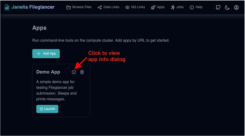 App card with an info icon button in the top right corner.