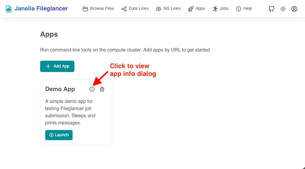 App card with an info icon button in the top right corner.