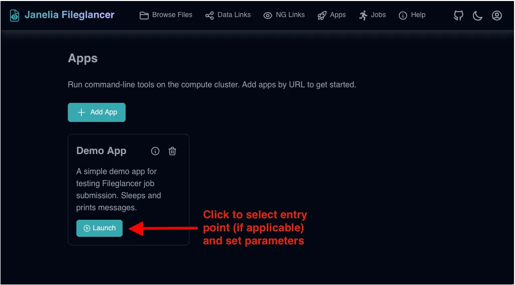 Fileglancer Apps page showing an app card with a 'Launch' button.