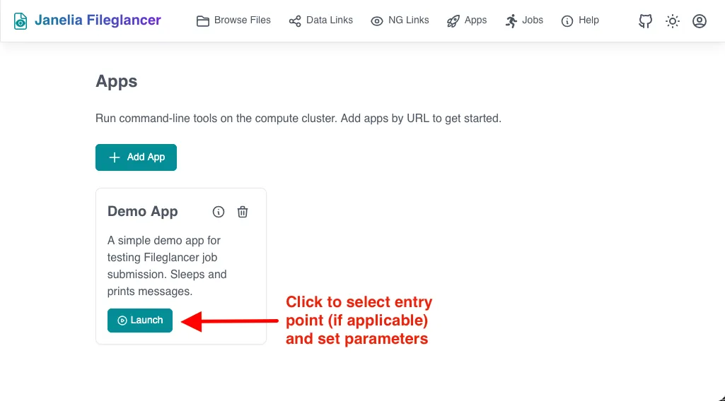 Fileglancer Apps page showing an app card with a 'Launch' button.