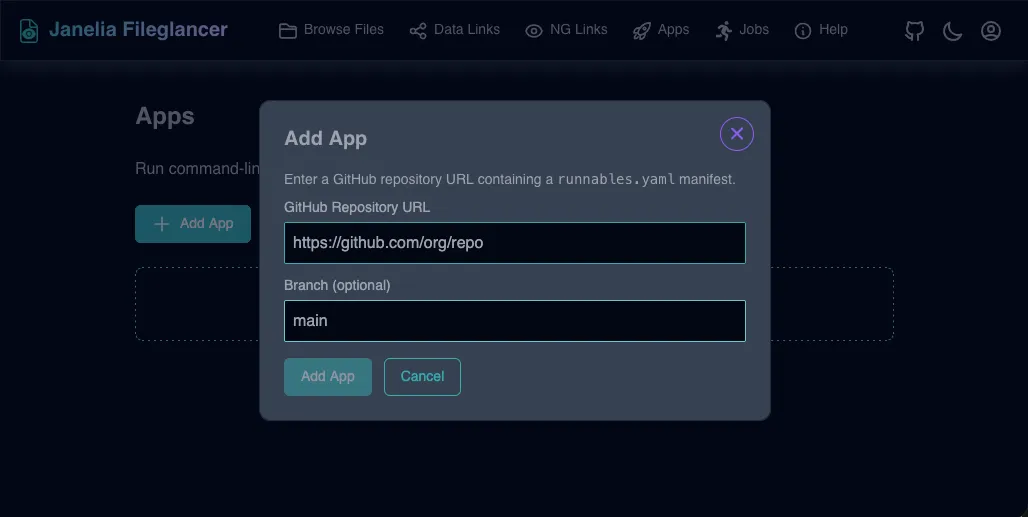 The 'Add App' dialog with fields for GitHub repository URL and branch name.
