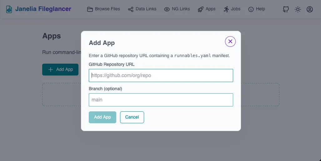 The 'Add App' dialog with fields for GitHub repository URL and branch name.