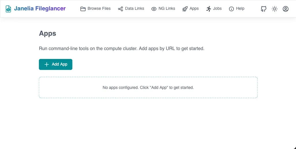 Fileglancer Apps page showing an empty state with a prompt to add an app.