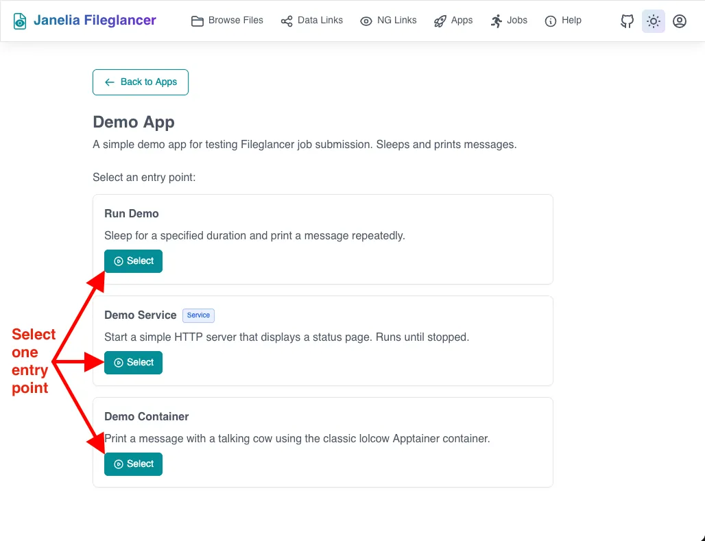App launch form showing multiple cards to select an entry point defined by the app.