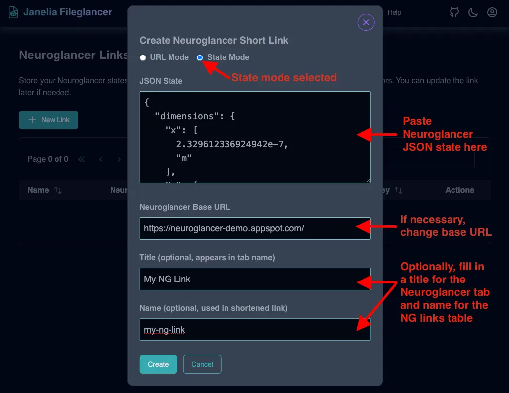Screenshot of the Fileglancer Create Neuroglancer Short Link dialog, with the State Mode option selected.