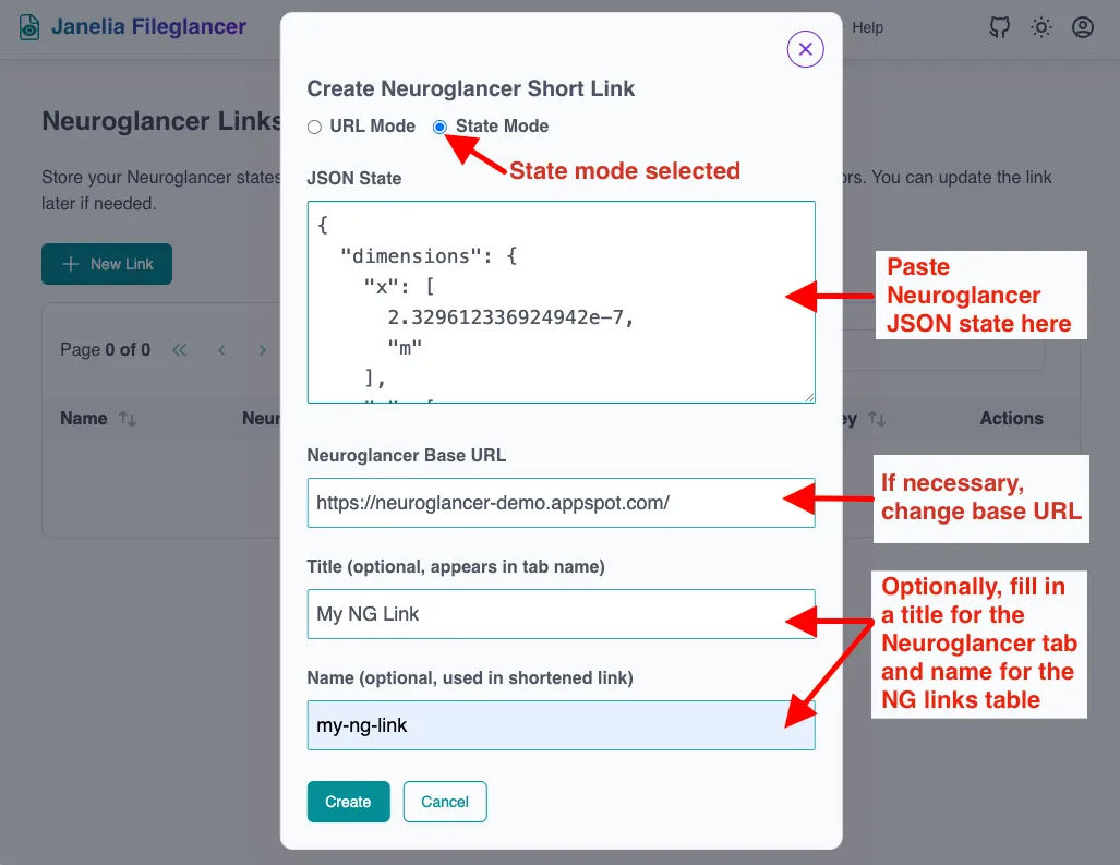 Screenshot of the Fileglancer Create Neuroglancer Short Link dialog, with the State Mode option selected.