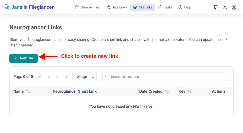 Screenshot of the Fileglancer NG Links page, with an arrow pointing to the '+ New Link' button.
