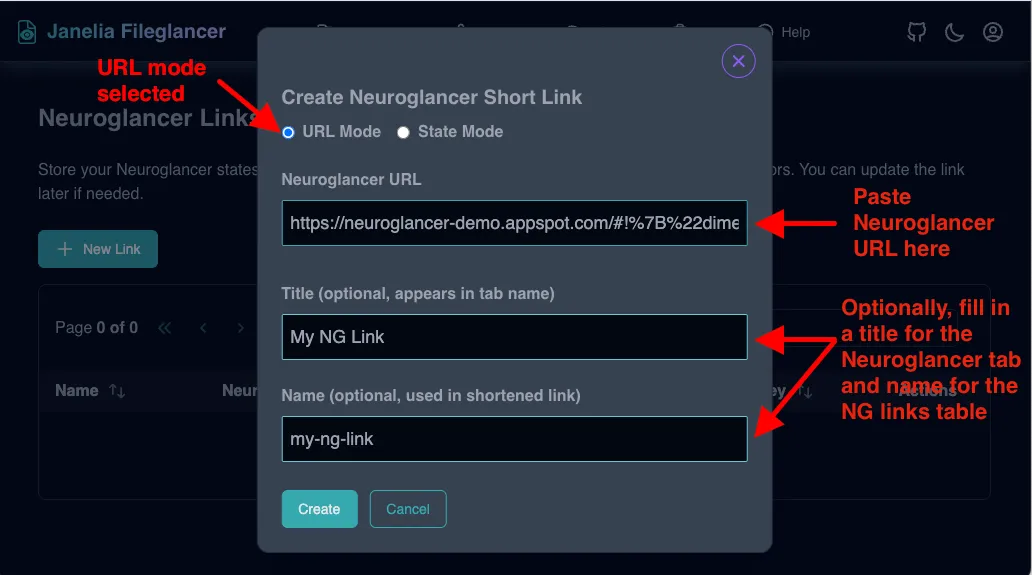 Screenshot of the Fileglancer Create Neuroglancer Short Link dialog, with the URL Mode option selected.