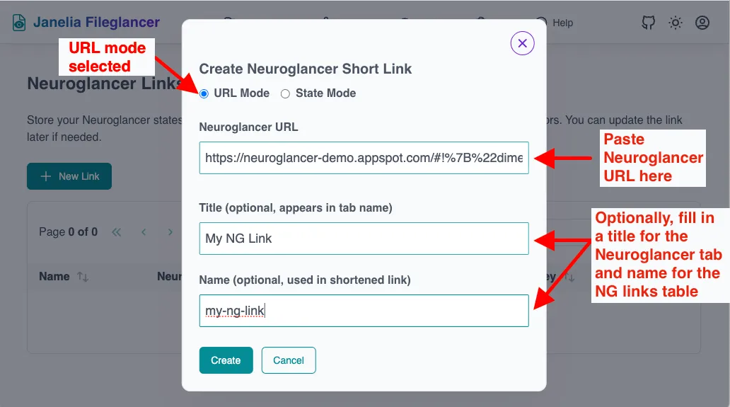 Screenshot of the Fileglancer Create Neuroglancer Short Link dialog, with the URL Mode option selected.