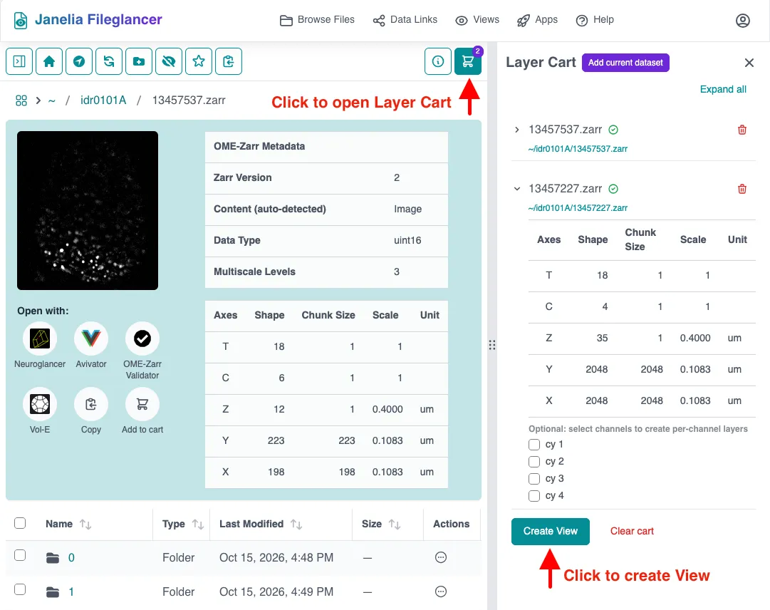 Screenshot of the Fileglancer file browser with an OME-Zarr dataset open. On the right side of the screen, the properties panel is open and displaying the contents of the Layer Cart tab. A red arrow points to the cart icon button that opens the panel to the Layer Cart tab. Another red arrow points to the 'Create View' button at the bottom of the Layer Cart tab that creates a View from the collected datasets.