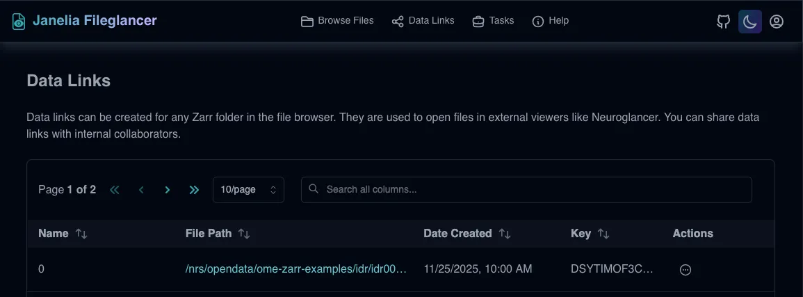 Screenshot of the Data Links page on Fileglancer interface, showing the table with created data links.