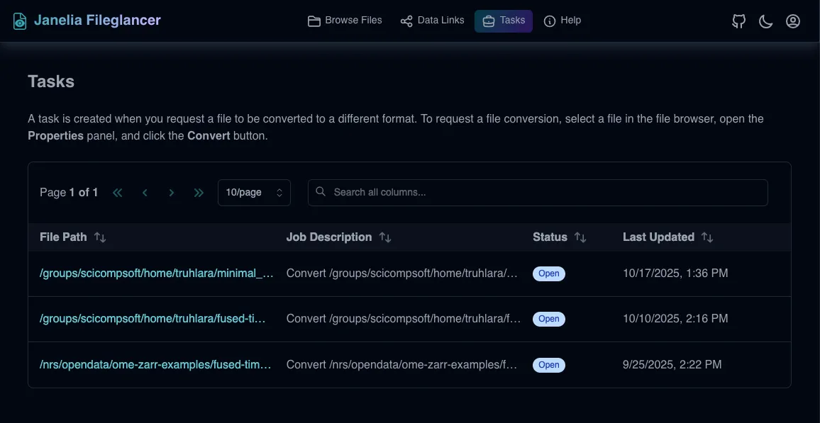 Screenshot of the Tasks page on Fileglancer interface, showing the table with created tasks.