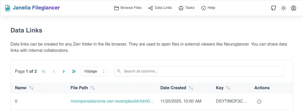 Screenshot of the Data Links page on Fileglancer interface, showing the table with created data links.