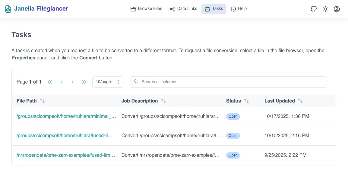 Screenshot of the Tasks page on Fileglancer interface, showing the table with created tasks.