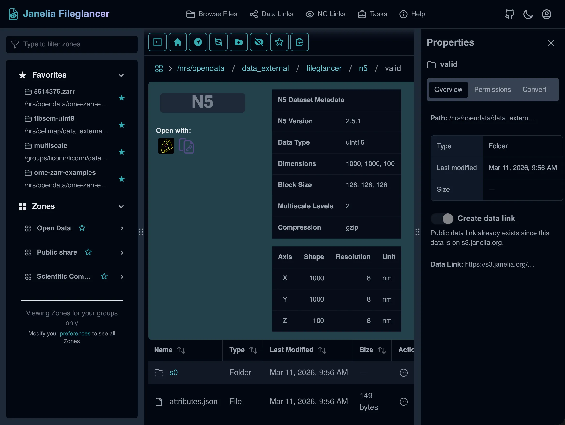 Screenshot of the N5 preview panel in Fileglancer, showing metadata fields and the 'Open with' button for Neuroglancer.