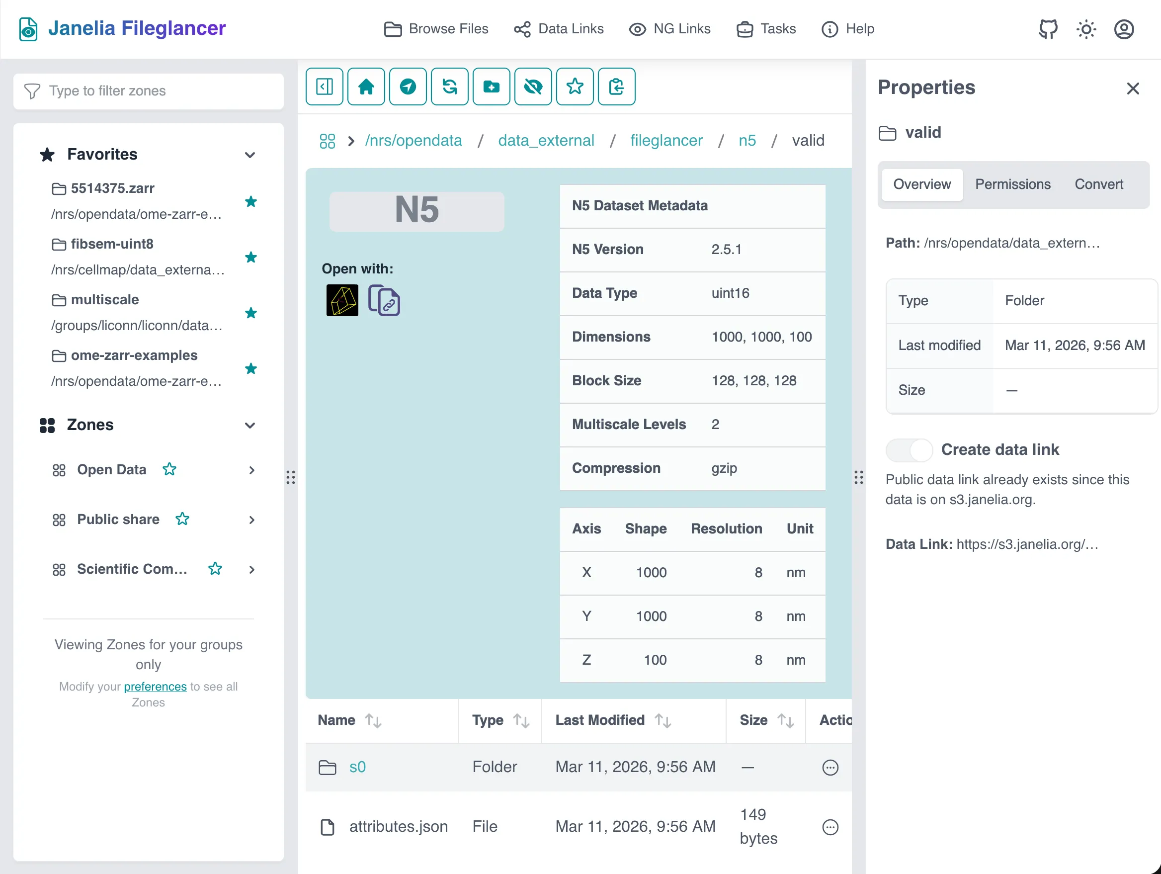 Screenshot of the N5 preview panel in Fileglancer, showing metadata fields and the 'Open with' button for Neuroglancer.
