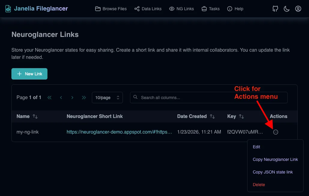 Screenshot of the Fileglancer NG Links page, with an arrow pointing to the Actions button on a link row.