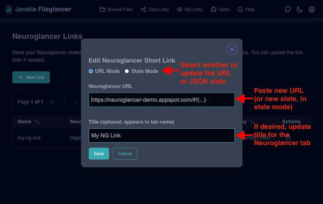 Screenshot of the Fileglancer NG Links page with the Edit dialog open.