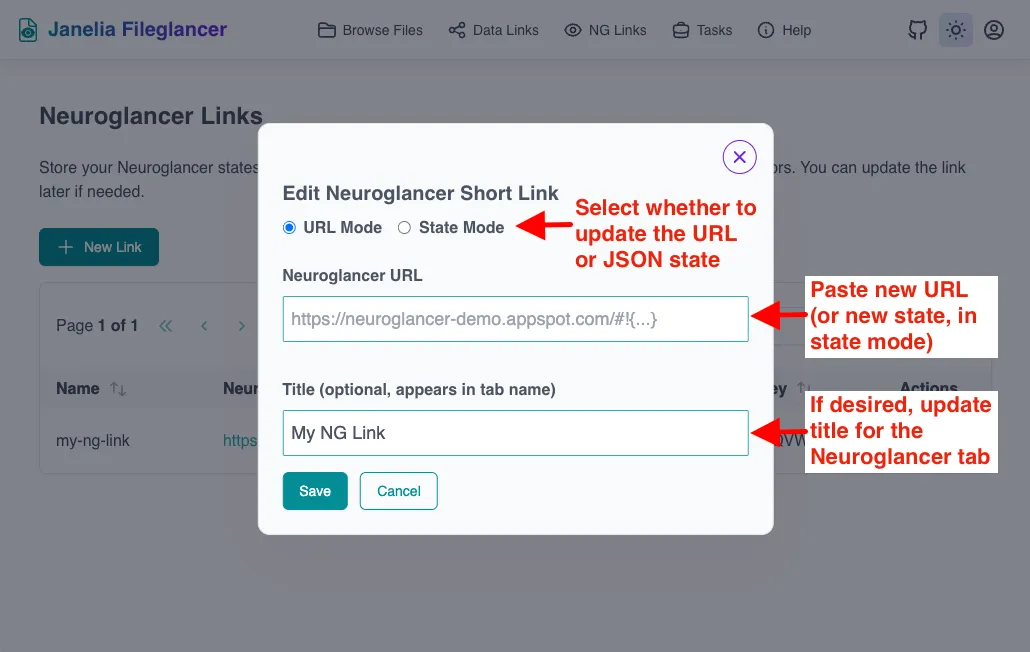 Screenshot of the Fileglancer NG Links page with the Edit dialog open.