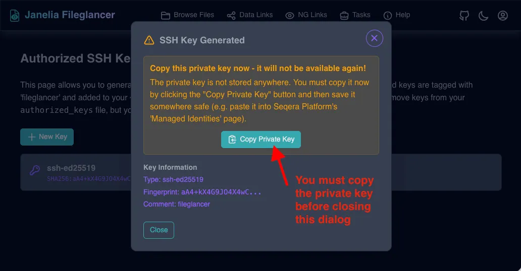 'SSH Key Generated' confirmation dialog with a warning to copy the private key, a 'Copy Private Key' button, and key fingerprint details.
