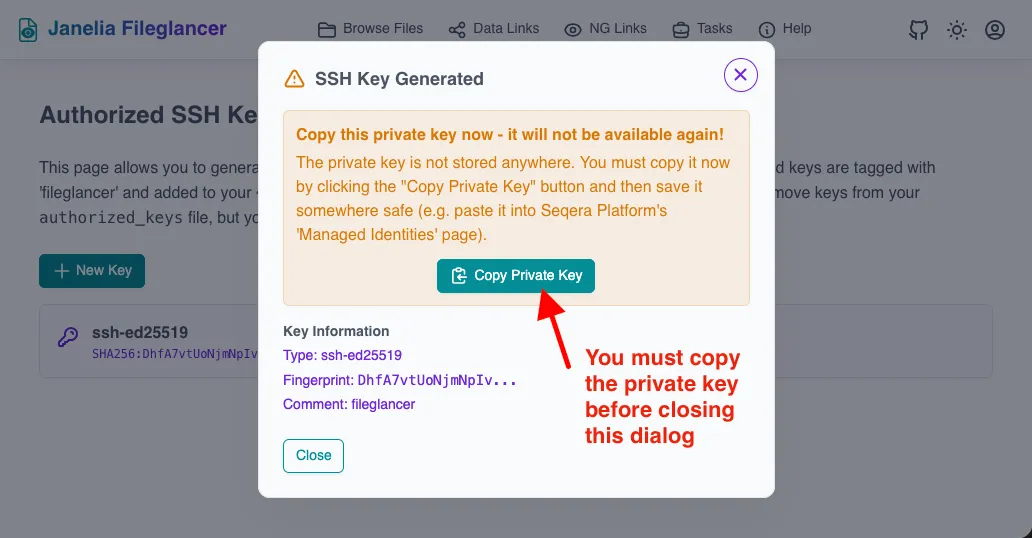 'SSH Key Generated' confirmation dialog with a warning to copy the private key, a 'Copy Private Key' button, and key fingerprint details.