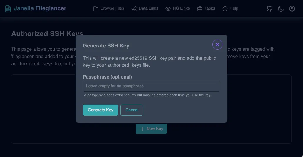 'Generate SSH Key' dialog with an optional passphrase field and 'Generate Key' and 'Cancel' buttons.