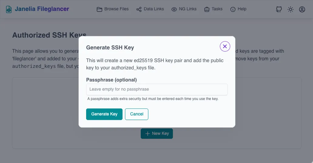'Generate SSH Key' dialog with an optional passphrase field and 'Generate Key' and 'Cancel' buttons.
