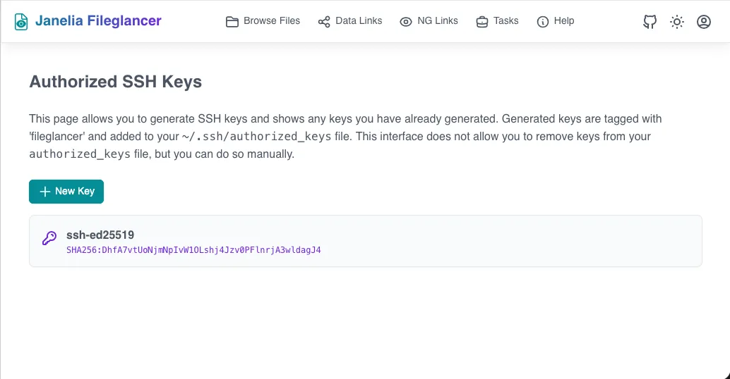 SSH Keys page showing a listed key with its type (ssh-ed25519) and SHA256 fingerprint.