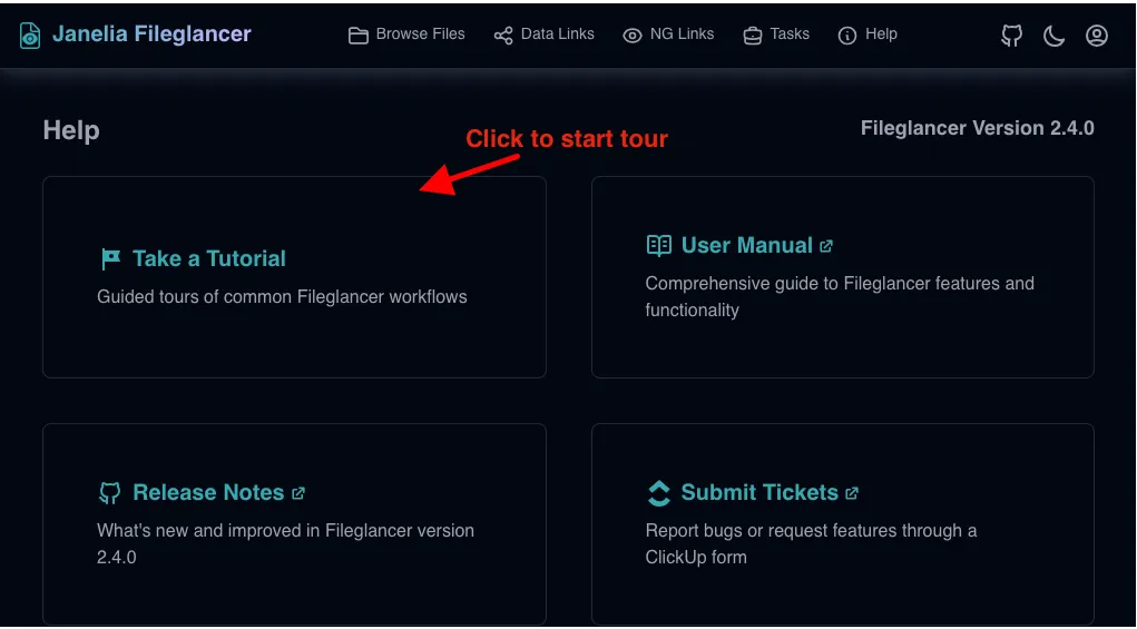 Screenshot of the Fileglancer Help page, with an arrow pointing to the 'Take a Tutorial' card.