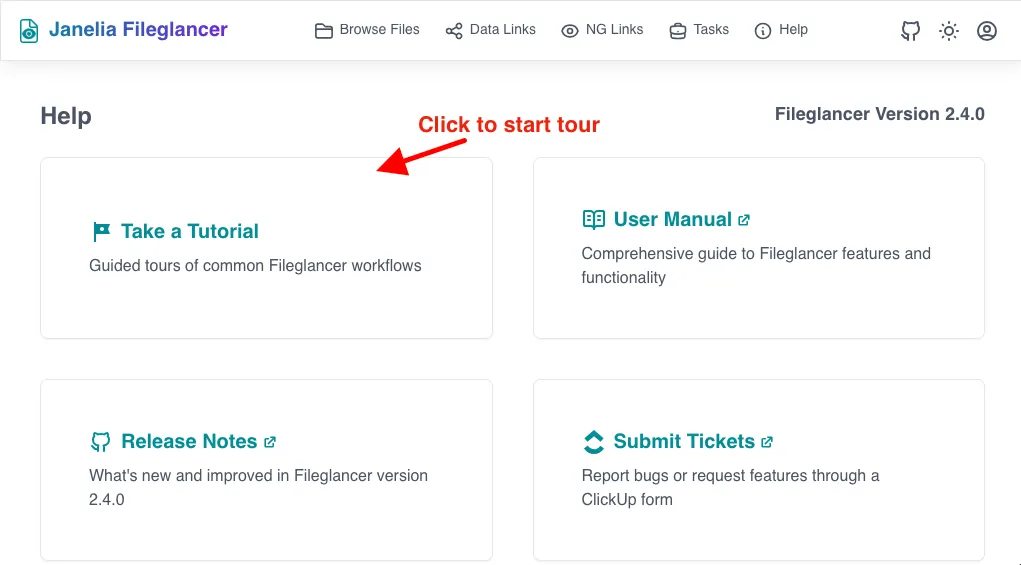 Screenshot of the Fileglancer Help page, with an arrow pointing to the 'Take a Tutorial' card.