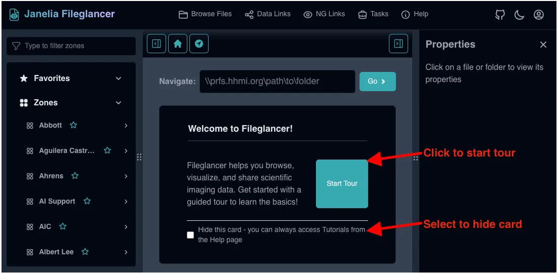 Screenshot of the Fileglancer landing page, with an arrow pointing to the 'Start Tour' button on the welcome card and another arrow pointing to the option to hide the card.
