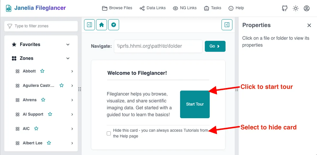 Screenshot of the Fileglancer landing page, with an arrow pointing to the 'Start Tour' button on the welcome card and another arrow pointing to the option to hide the card.