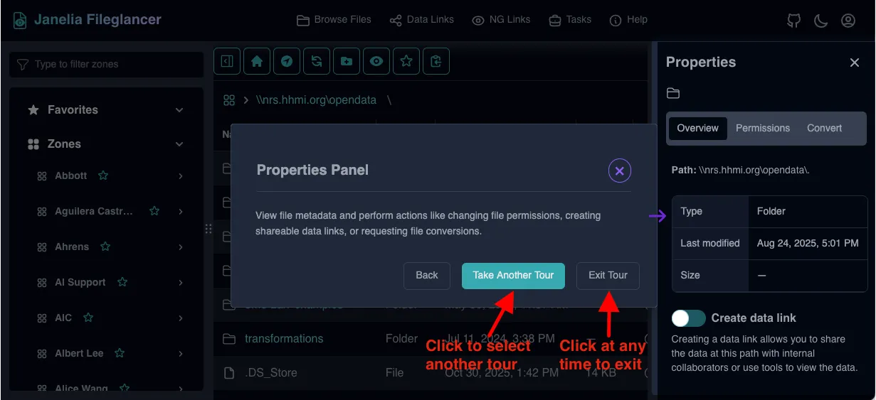 Screenshot of the Fileglancer tutorial interface at the end of a tour, showing the 'Take Another Tour' and 'Exit Tour' buttons.