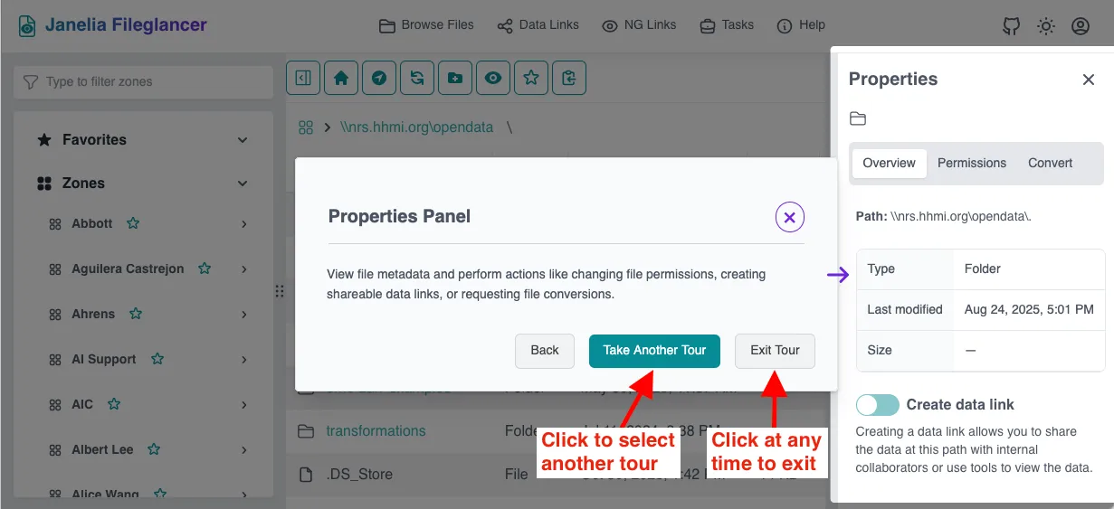Screenshot of the Fileglancer tutorial interface at the end of a tour, showing the 'Take Another Tour' and 'Exit Tour' buttons.
