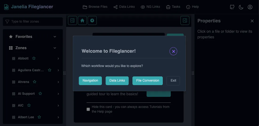 Screenshot of the Fileglancer tutorial interface, showing the tour selection dialog with three tour options.