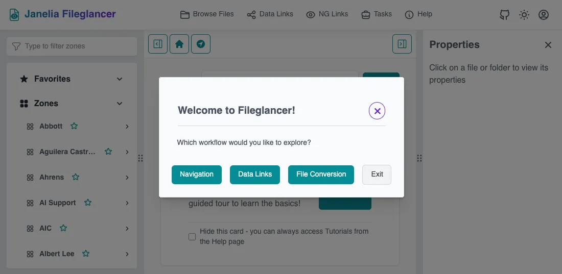 Screenshot of the Fileglancer tutorial interface, showing the tour selection dialog with three tour options.