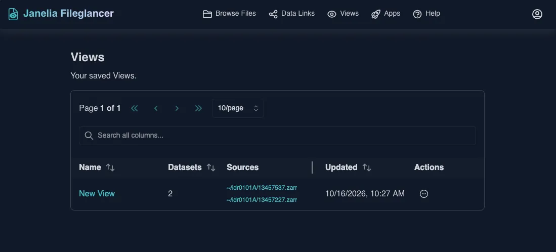 A screenshot of the Views page in Fileglancer. The page features a table showing information about each created View.