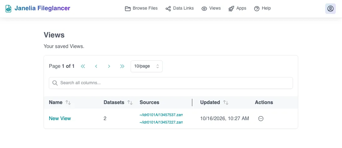 A screenshot of the Views page in Fileglancer. The page features a table showing information about each created View.